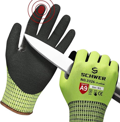 Schwer ProGuard Highest Level Cut Resistant Work Gloves PR3326 for Extreme Protection, ANSI A9 Working Gloves with Sandy Nitrile Coated, Touch-screen, Durable, Washable, Yellow 1 Pair L