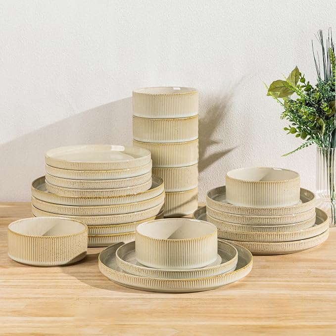 TheTerra Ceramic Dinnerware Set for 8, 24-Piece Plates and Bowls Set | Lightweight Porcelain Dish Set, Scratch Resistant, Oven & Microwave & Dishwasher Safe, Cappuccino