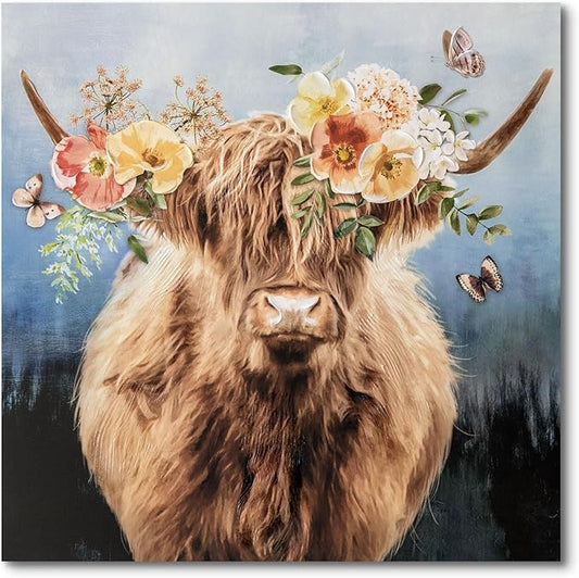 Hand-Painted Highland Cow Canvas Wall Art, Lovely Cow With Flower Wall Art, Farmhouse Animal Print Home Decor, 3D Mural Painting, Ready to Hang Bedroom Living Room Kitchen Bathroom Office, 24"X24"