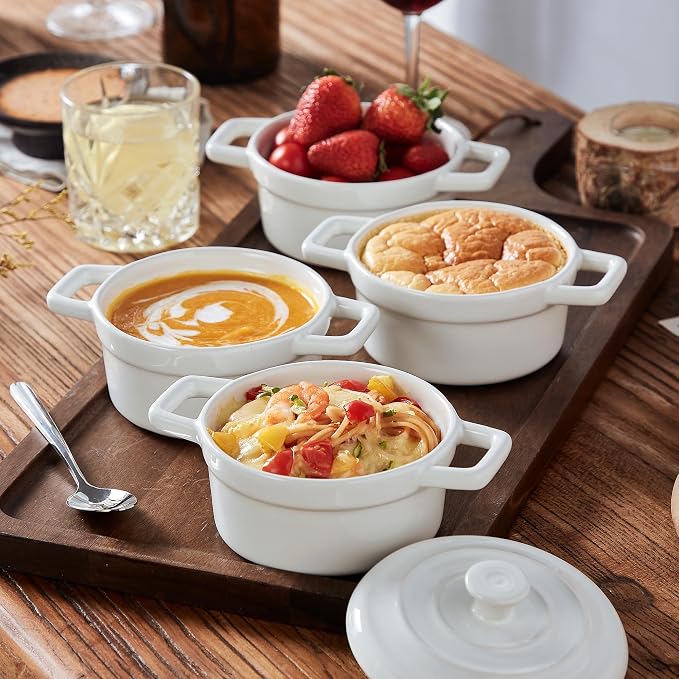 Lareina Mini Cocotte 12oz Ceramic Casserole Dish Set with Lid, White | Small casserole ramekins with handles, oven, microwave & dishwasher safe. Perfect for baking, serving, and individual meals.