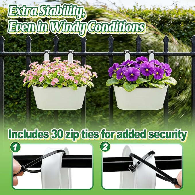 MADHOLLY Railing Planter with Drainage Holes - Sturdy Bucket Pots for Railing Fence, Countryside Style Metal Flower Pots for Herbs Balcony Garden Yard Decor, 4Pcs, White