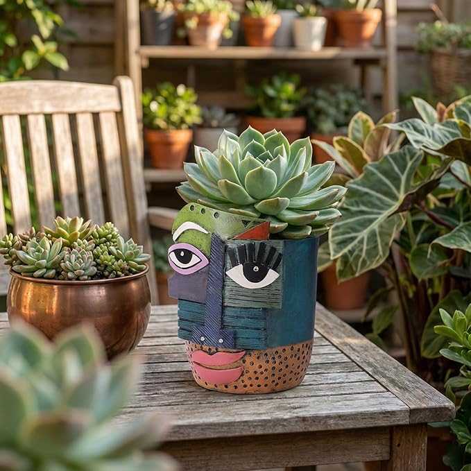 Colorful Face Planters Pots Head with Drainage Resin Large Decorative Plant Pots, Unique Planters for Indoor Plants and Outdoor Patio Flower Pot Funny Garden Succulents Pot