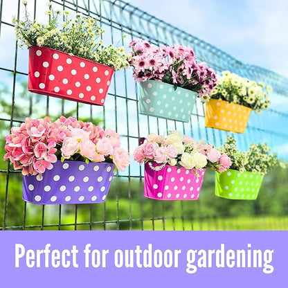 LaLaGreen Outdoor Hanging Planter (11.2 Inch, 6 Pack) Light Blue, Neon Pink, Dark Purple, Yellow, Red Cute Metal Iron Flower Pots Bucket Colorful Polka Dot Herb Deck Railing Fence Bucket Patio Decor