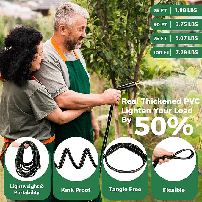 Garden Hose 75 ft Water Hose Flexible Heavy Duty Lightweight No Kink Long Outdoor Non-Expandable High Pressure Flat Hoses Pipe 75’ Strong 3/4’’ Brass Fitting for Outside Yard Lawn Car Wash