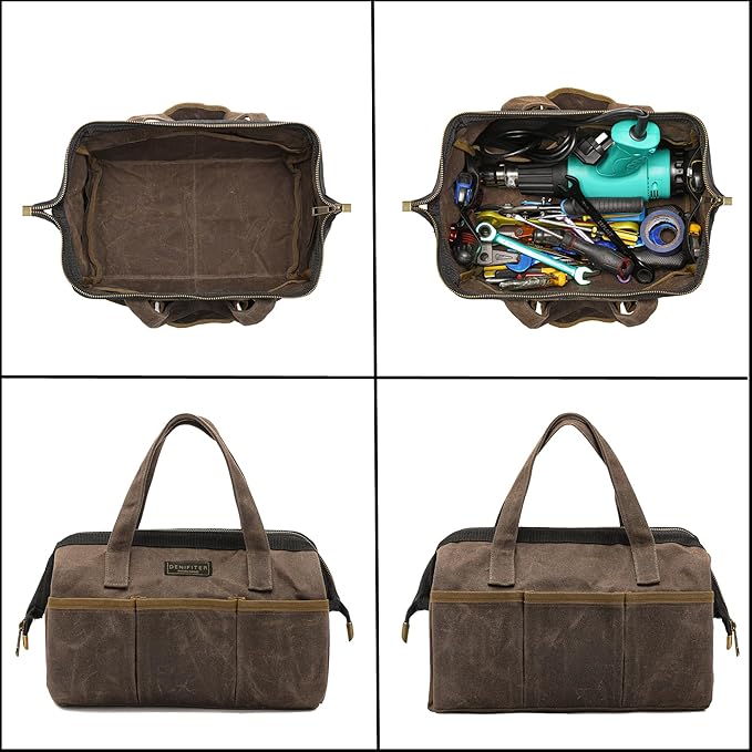 Tool Bag, 13-inch Heavy Duty 16oz Waxed Canvas Wide Mouth Water-Resistant Tool Pouch, Tool Tote with Handle for Tools, Wrenches, Screwdrivers (13 X 7.8 X 9 inch) | Grey
