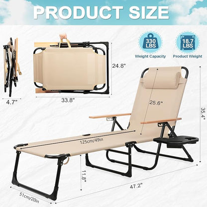 Outdoor Chaise Lounge Chair with 4-Position Adjustable Backrest, Patio Folding Sun Tanning Chair, Pillow & Cup Holder, Portable Recliner Sunbathing Lounger Chairs for Pool Beach Lawn Garden (Beige)