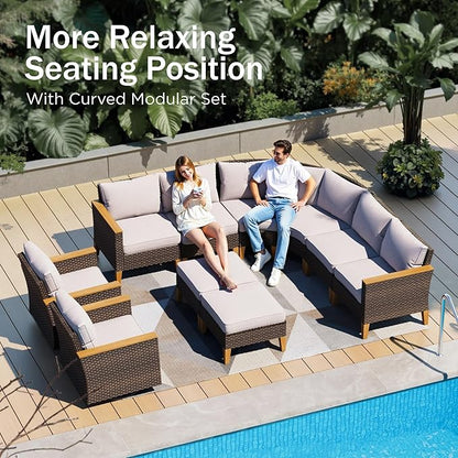 PHI VILLA 9-Piece Wicker Patio Furniture Set, Outdoor Half-Moon Curved Sectional Sofa with Thick Beige Cushions, 2 Ottomans, 2 Single Seats, Large Conversation Seating for Garden or Backyard