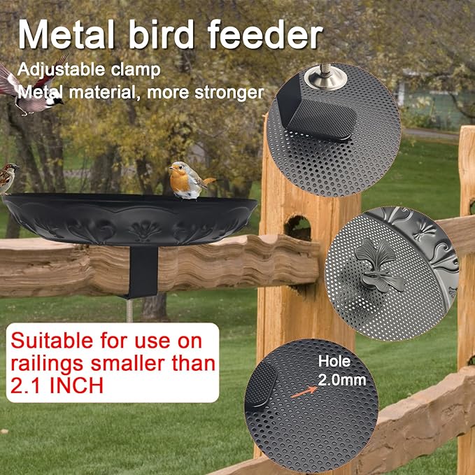 Deck Railing Bird Feeder Tray,Metal 11" Platform Bird Feeders Mesh Seed Tray for Outside/Balcony (Black-2 Pack)