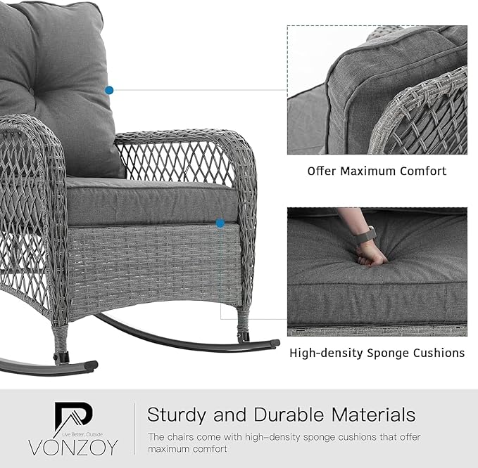 Patio Furniture Set 3 Pieces, Wicker Outdoor Rocking Bistro Set with Thick Cushions, Outdoor Rocker Chairs and Coffee Table for Porch, Backyard or Garden (Grey)