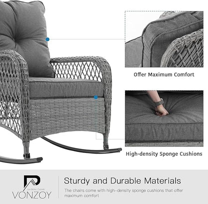 Patio Furniture Set 3 Pieces, Wicker Outdoor Rocking Bistro Set with Thick Cushions, Outdoor Rocker Chairs and Coffee Table for Porch, Backyard or Garden (Grey)