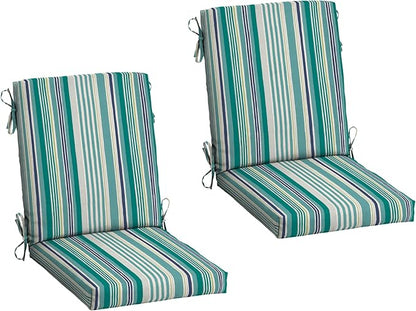 Arden 2-Pack Outdoor Patio Dining Chair Cushion, 20x44, Rain-Proof Seat Pad, Fade-Resistant Outdoor Cushion Teal Cobalt Stripe