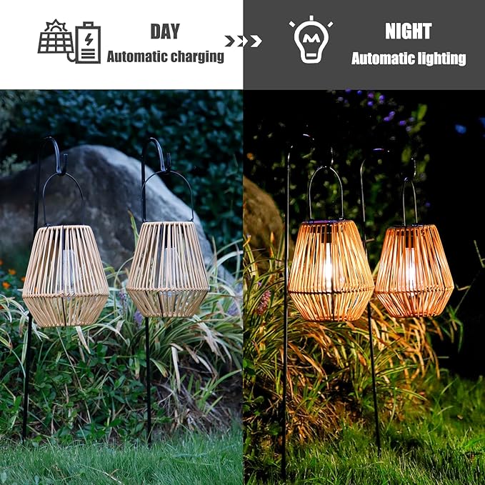 YAKii 2 Pack Solar Lantern Hanging Waterproof Outdoor Handmade Solar Lamp with Plastic Rattan Design Bohemian Style Decoration for Garden Yard Patio Porch Trees Lawn Pathway Decor