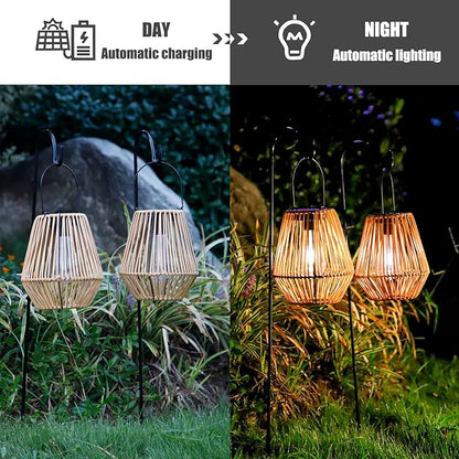 YAKii 2 Pack Solar Lantern Hanging Waterproof Outdoor Handmade Solar Lamp with Plastic Rattan Design Bohemian Style Decoration for Garden Yard Patio Porch Trees Lawn Pathway Decor
