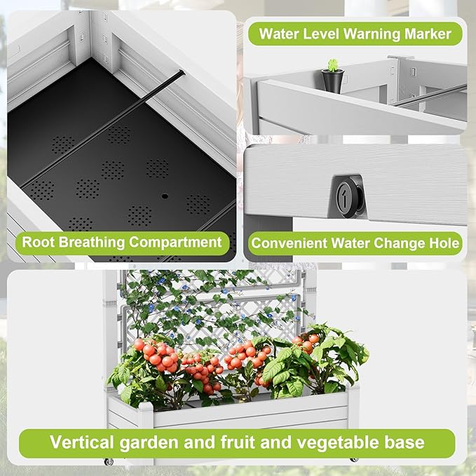 Vixzen 64" Tall Raised Garden Bed,Outdoor Large Resin Planter Box with Trellis and Drain Plug for Climbing Plants,Easy to Assemble,Water Monitor,Mobility(Ashen, 43.43"×18.27"×64.29")