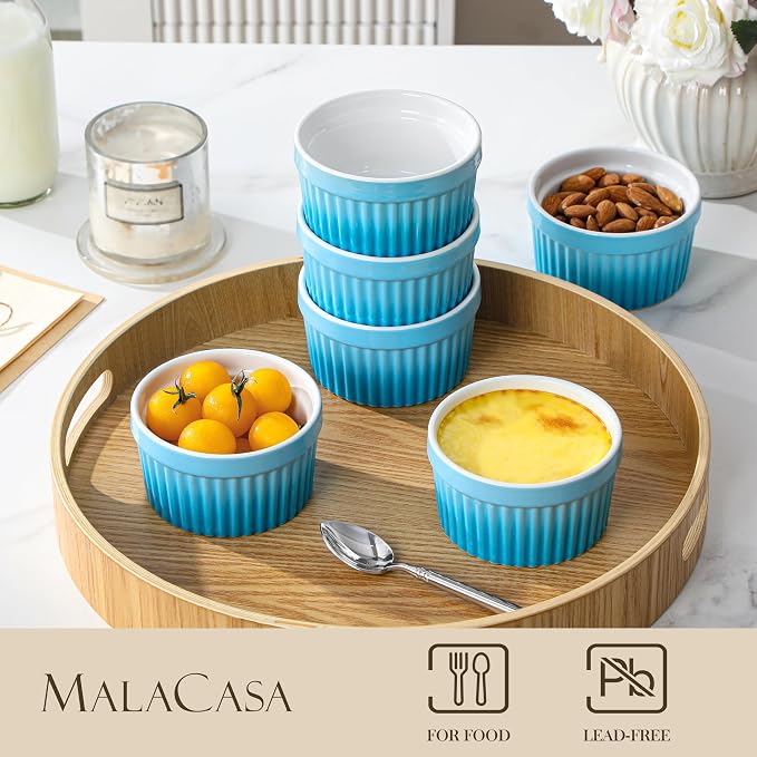MALACASA Ramekins 8 oz Oven Safe, Large Ceramic Souffle Dishes for Baking & Serving, Stoneware Custard Cups Ramekin for Creme Brulee, Baking Bowls Set of 6, Blue, Series RAMEKIN-DISH
