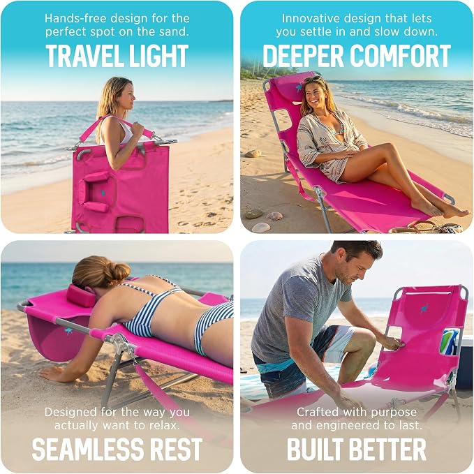 Ostrich the Original Chaise 72 x 22 Inch Lounge Portable Reclining Lounger, Outdoor Patio, Beach, Lawn, Camping, or Pool Tanning Chair, Pink