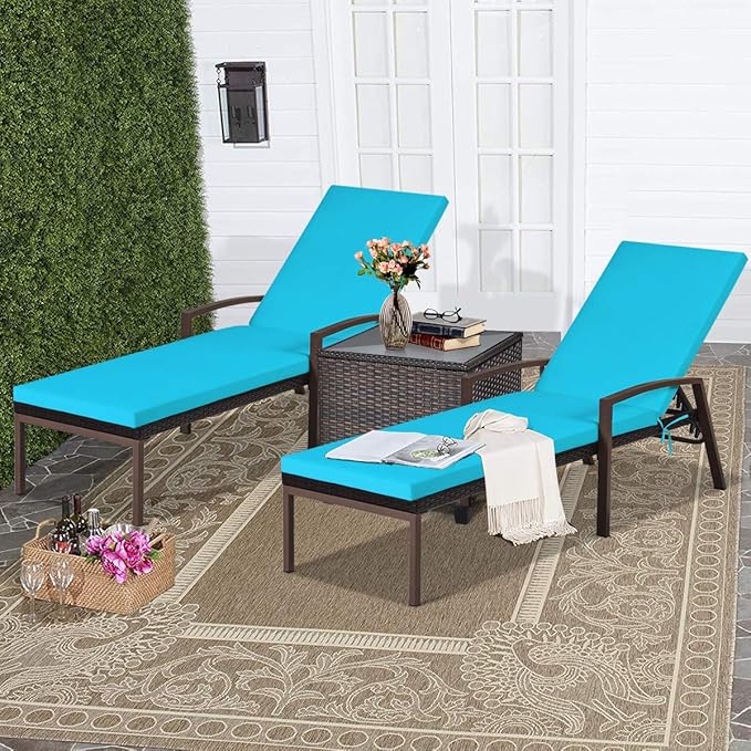 COSTWAY 2PCS Rattan Lounge Chair Outdoor, Patio Wicker Chaise Lounge with 5-Position Adjustable Backrest, Soft Cushion & Arm Rest, Pool Recliner Set of 2 for Poolside, Deck, Backyard (Turquoise)
