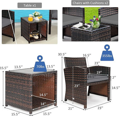 COSTWAY 3 Pieces Patio Furniture Sets, Outdoor Rattan Conversation Set with Tempered Glass Tabletop and Soft Cushion, Wicker Cushioned Chair Sofa for Backyard, Porch, Poolside, Lawn, Gray