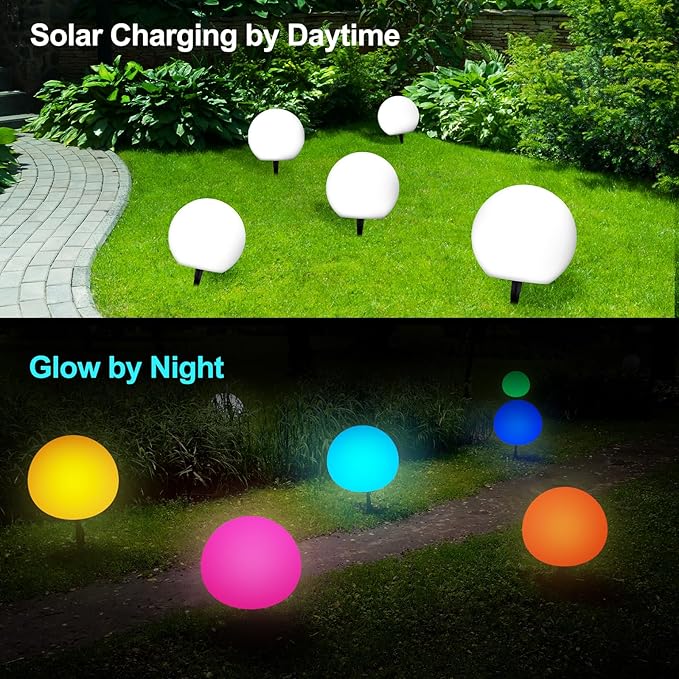LOFTEK Solar Ball Lights with Ground Pile, RGB Colors Changing Floating Pool Ball Lights, IP65 Waterproof USB Rechargeable Solar Light for Outdoor Garden Pool Deco, 8-inch