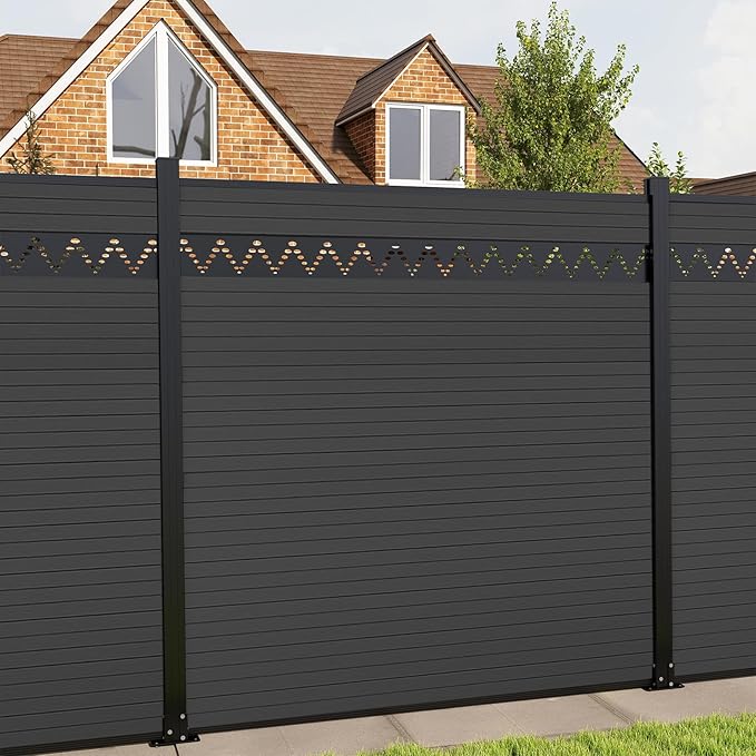 6 Feet×6 Feet Privacy Fence, Outdoor Wood Plastic Composite Fence Panel, Waterproof Security Barriers Fencing, WPC (Black, Arched (1 Panel - 1 Post))