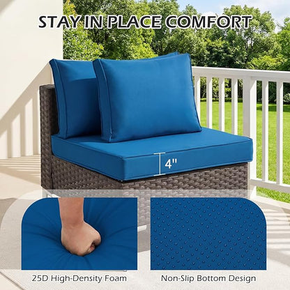HOMREST Outdoor Replacement Cushions,Water-Resistant 4" Thick Seat Cushion for Patio Furniture,25x25 in Patio Furniture Cushions,Non-Slip 14-Piece Set for 6-Seat Rattan Wicker Sectional Sofa, Blue
