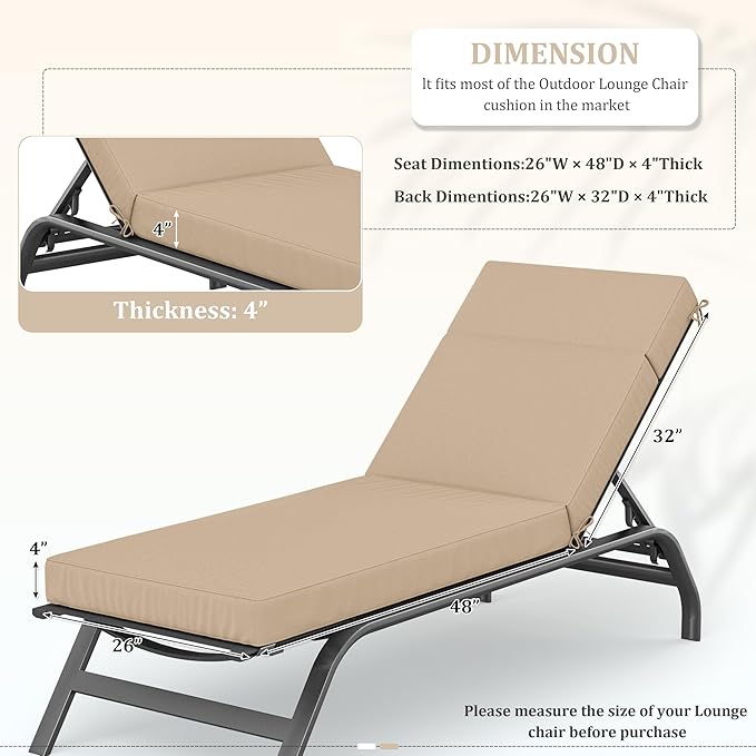 Chaise Lounge Cushions Outdoor, 80" L X 26" W X 4" D Lounge Chair Cushions for Outdoor Furniture, High-Density Foam Outdoor Chaise Cushion-Waterproof Fade-Resistant ThickPatio lounge chair cushion