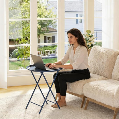 Garden 4 you Folding TV Tray Table, Metal Round Side Table, Blue Dinner Table with Metal Frame, Modern Outdoor Tray Table for Living Room, Bedroom, Patio & Small Spaces, 1 Pack