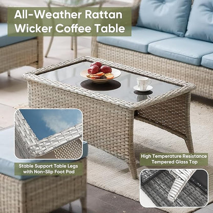 Wicker Outdoor Conversation Set-6 Pieces Outdoor Wicker High Back Couch with Swivel Rocker Chairs Patio Furniture for Deck Poolside Backyard-Light Grey/Light Blue
