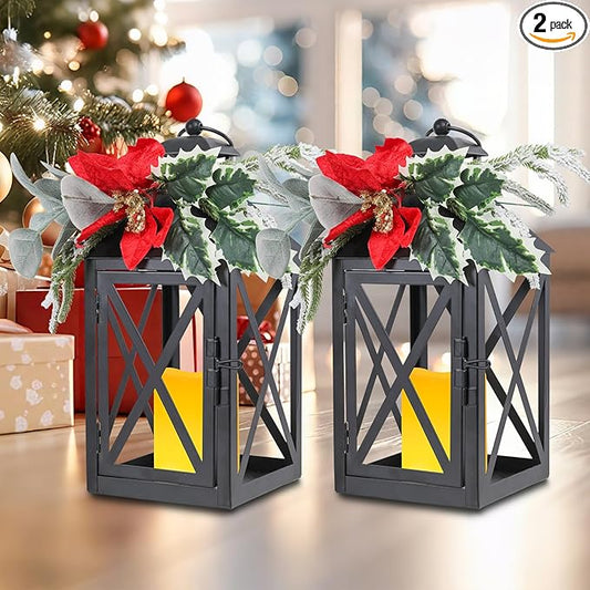 Taman Christmas Lantern,2 Pack Hanging Flickering Candle Lanterns Decorative Metal Vintage Light Battery Operated Umbrella Lights for Christmas Patio Garden, Table,Party Decor