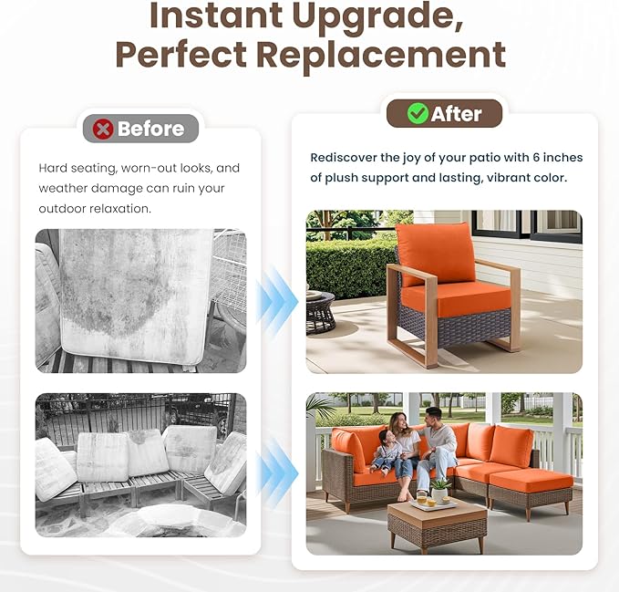 Outdoor Chair Cushions, 6 Inch Thick Patio Seat & Back Cushions Set with Removable Cover, Waterproof Patio Cushions for Outdoor Furniture, 24 x 24 Inch, Orange 5-Set