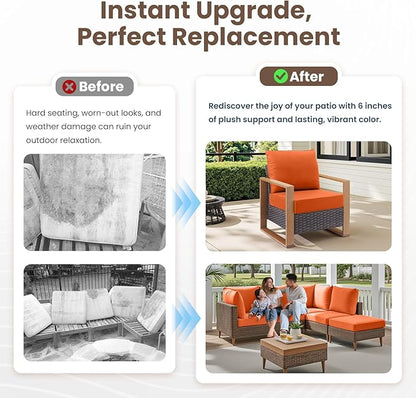 Outdoor Chair Cushions, 6 Inch Thick Patio Seat & Back Cushions Set with Removable Cover, Waterproof Patio Cushions for Outdoor Furniture, 24 x 24 Inch, Orange 2-Set