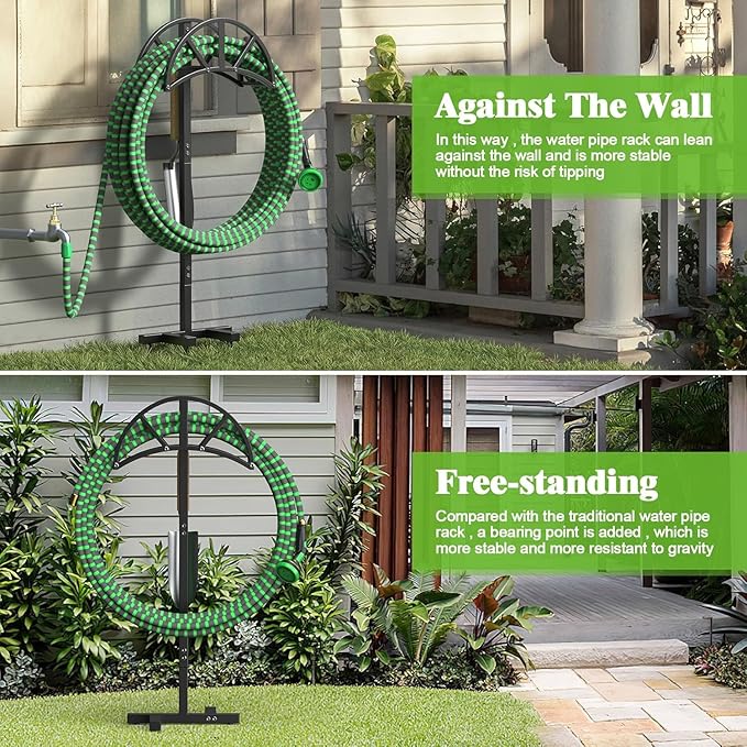 Mr IRONSTONE Garden Hose Holder Freestanding with 4 Spikes, Upgraded Water Hose Holder with Stainless Steel Screws, Heavy Duty Hose Stand Holds (Black)