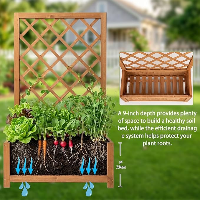 Wooden Raised Garden Bed with Trellis, 40" Outdoor Planter Box for Climbing Plants, Vertical Warm Brown Garden Planter for Vegetables, Flowers & Vines, Lattice Plant Support for Patio Yard Balcony