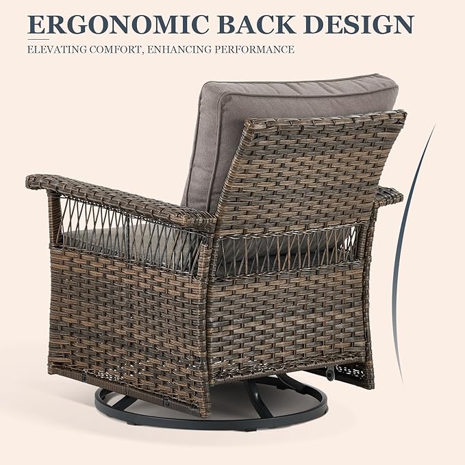 Patio Furniture Set 2 Wicker Swivel Glider Chairs with 2 PE Rattan Ottomans Brown Wicker Grey Cushions Patio Conversation Set 4pcs for Garden Balcony Sunroom Backyard