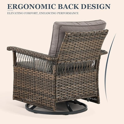 Patio Furniture Set 2 Wicker Swivel Glider Chairs 2 PE Rattan Chairs and 2 Ottomans with Grey Cushions Patio PE Rattan Side Table Brown Wicker Patio Conversation Set 7pcs for Patio