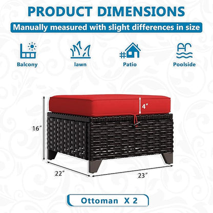 VistaVibe 2 Pieces Patio Wicker Ottomans, Luxurious Footstools, Outdoor Small Footrest, Wicker Furniture with Removable Cushions,All-Weather PE Rattan, Garden, Backyard, Porch(Brown/Red)