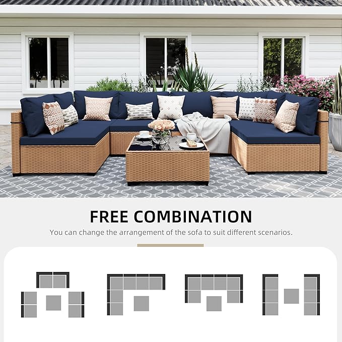 UPHA 7 Pieces Patio Furniture Sets Outdoor Sectional Sofa Wicker Conversation Couch for Decks, Backyards, Gardens, Yellow Rattan, Navyblue Cushion