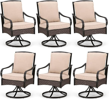 PHI VILLA Patio Swivel Chairs Set of 6, Heavy Duty Outdoor Metal Wicker Dining Chair with Thickened Cushions, Large All Weather Wrought Iron Deck Chair Lawn Furniture Support 300lbs