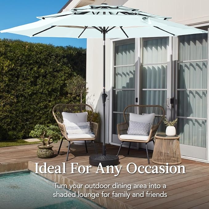 Best Choice Products 10ft 3-Tier Market Patio Umbrella, Outdoor Sun Shade with Tilt, Crank Lift, 8 Ribs for Backyard, Deck, Poolside – Baby Blue