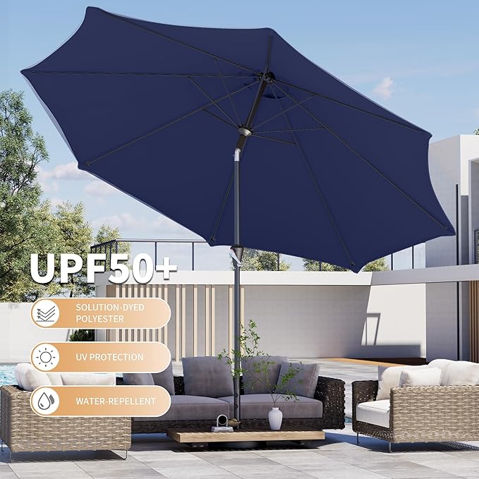 Kingdura 10FT Outdoor Patio Umbrella, Market Table Umbrella with Push Button Tilt and Crank, 8 Sturdy Fiberglass Ribs, UV Protection for Pool, Lawn, Deck, Backyard, Garden (Navy blue)