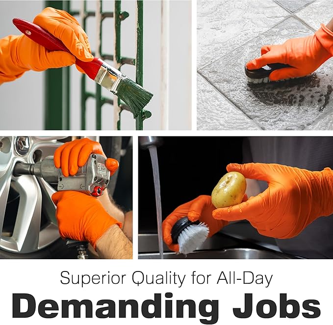 Raxwell Orange Nitrile Gloves 8.5 Mil - Powder-Free Puncture-Resistant Protection - Diamond-Texture Work Gloves with Grip