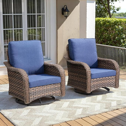 Outdoor Swivel Rocker Patio Chairs-High Back Wicker Swivel Rocker Patio Chairs Set of 2,All Weather Wicker Chair Patio Furniture Sets with Comfy Cushions for Porch Balcony Deck Brown/Blue