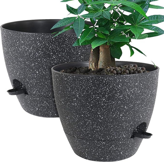 UOUZ 12inch 2Pack Large Self Watering Planters, Plastic Plant Pots with 60oZ Removable Deep Reservoir and Multi Mesh Drainage Holes for Indoor Outdoor Garden Plants and Flowers, Black Speckles
