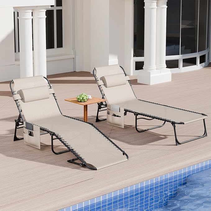 EBE Outdoor Lounge Chair Set of 2, Portable Patio Sun Tanning Chair with 4-Position Reclining Back, Pool Chaise Lounge Chair with Detachable Pillow and Side Pocket for Beach, Poolside, Beige