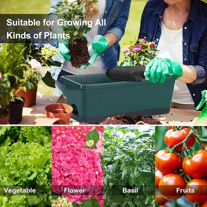 Oliz Window Box Planter 8 Pcs, 17 Inches Rectangle Flower Pots with Drainage Holes & Trays, Vegetable Planters for Windowsill Patio Garden Balcony Home Indoor Outdoor (Dark Green, 16 * 7 * 6 inch)