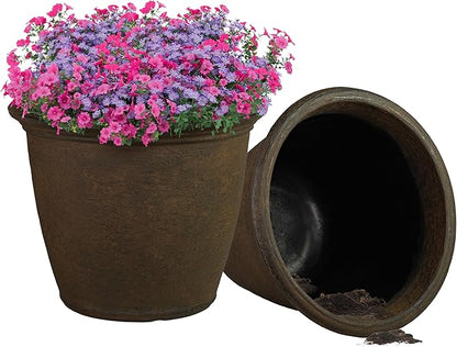 Sunnydaze 20-Inch Anjelica Large Plastic Pot for Plants - Outdoor Double-Walled Large Plastic Planter with Drillable Drainage Holes - Rust - 2pk