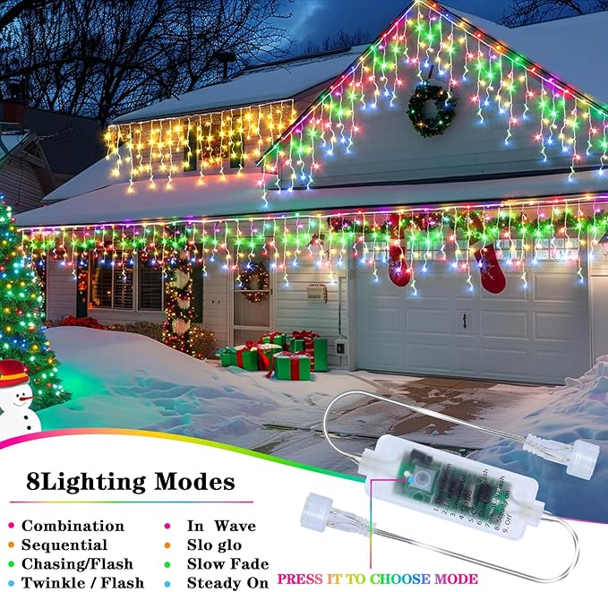 XZAI 800LED 50FT, Icicle String Lights, Plug-in, Multi-Color & Warm White, Christmas Party Decors, Connectable, Memory, Remote, 8 Modes, Timer, Dimmable, IP65 Waterproof, Hanging for Outdoor & Indoor