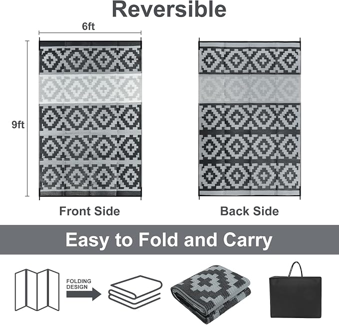 Anidaroel 6x9 Outdoor Rugs for Patios Clearance, Waterproof Reversible Plastic Straw Outside Area Rug, Camping Rugs for Outside RV, Large Outdoor Area Rug for Porch, Backyard (Black&Gray,6‘x9')
