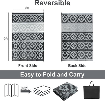 Anidaroel 6x9 Outdoor Rugs for Patios Clearance, Waterproof Reversible Plastic Straw Outside Area Rug, Camping Rugs for Outside RV, Large Outdoor Area Rug for Porch, Backyard (Black&Gray,6‘x9')
