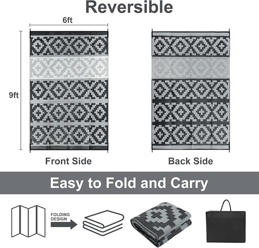 Anidaroel 6x9 Outdoor Rugs for Patios Clearance, Waterproof Reversible Plastic Straw Outside Area Rug, Camping Rugs for Outside RV, Large Outdoor Area Rug for Porch, Backyard (Black&Gray,6‘x9')